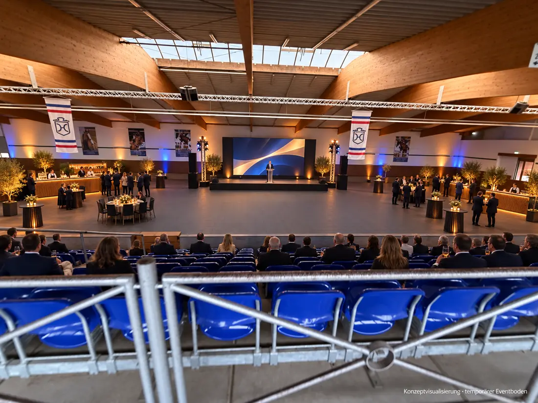 Konzeptvisualisierung: Business-Event in der Fritz-Thiedemann-Halle mit Bühne, LED-Wand, Bars und Stehtischen, Gäste auf der blauen Tribüne