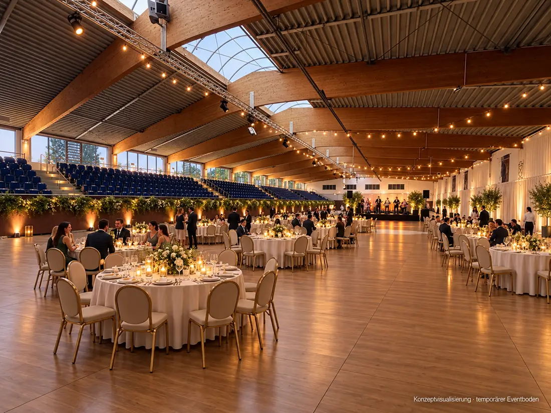 Konzeptvisualisierung: Gala-Dinner an runden Tafeln auf temporärem Eventboden in der Fritz-Thiedemann-Halle, Lichterketten unter dem Holzdach