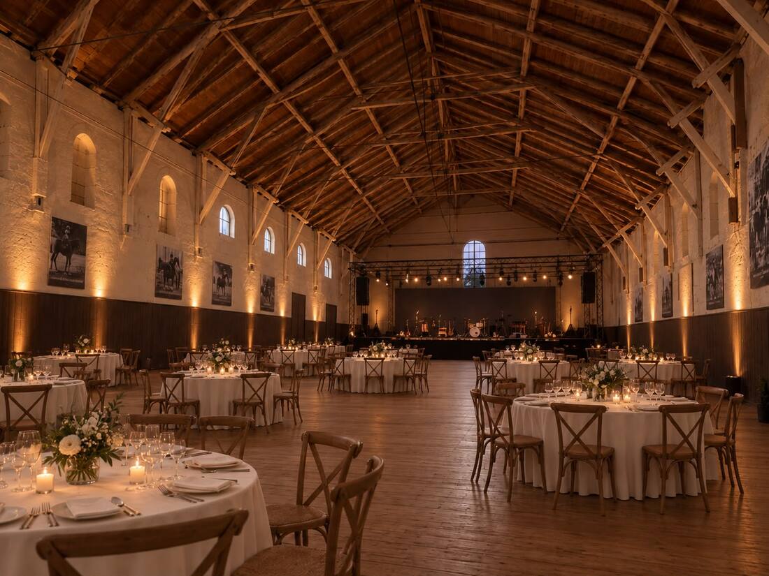 Runde Hochzeitstafeln mit Crossback-Holzstühlen unter dem offenen Dachstuhl der Alten Reithalle Elmshorn